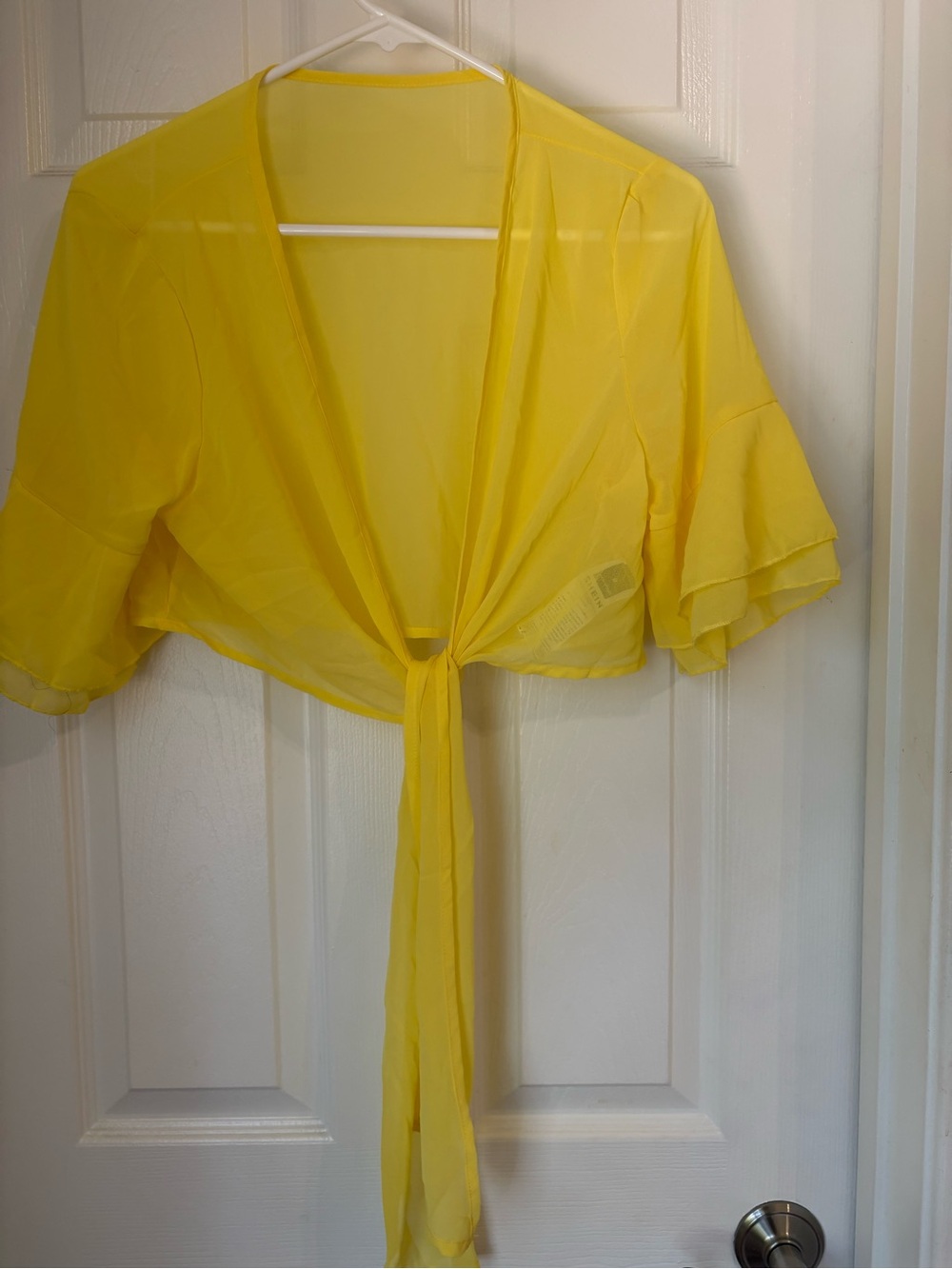 SHEIN Bright Yellow Sheer Tie-Front Crop Top